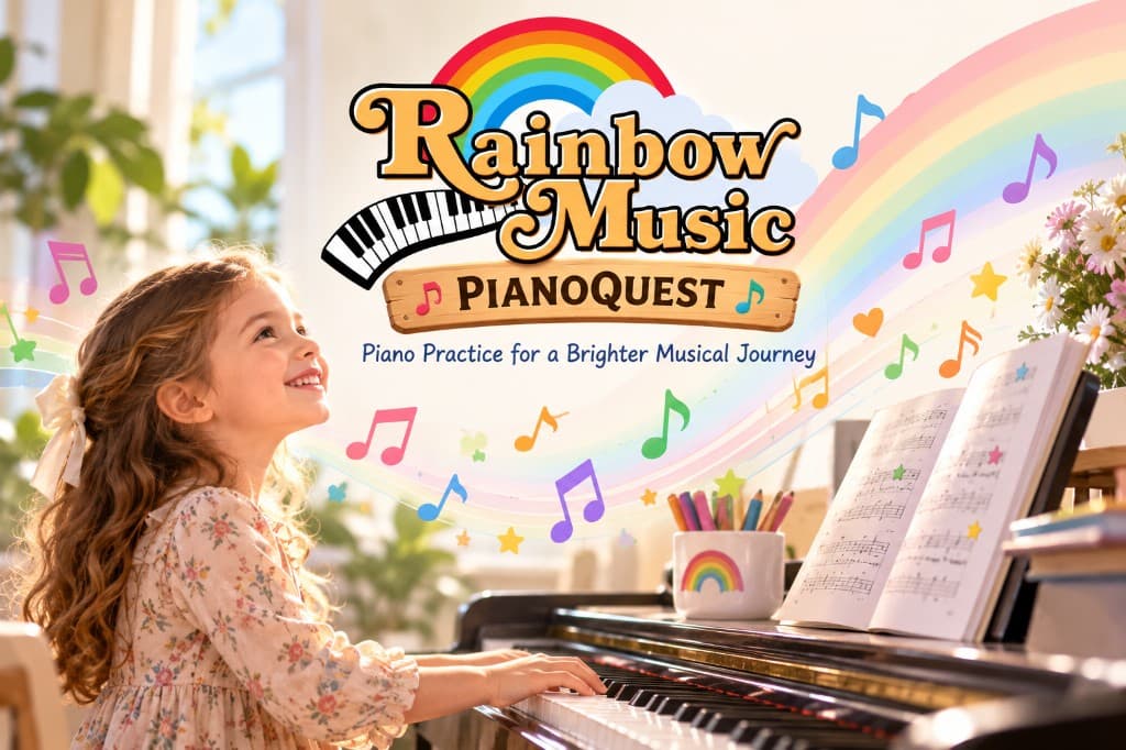 A smiling child at the piano under a Rainbow Music PianoQuest rainbow